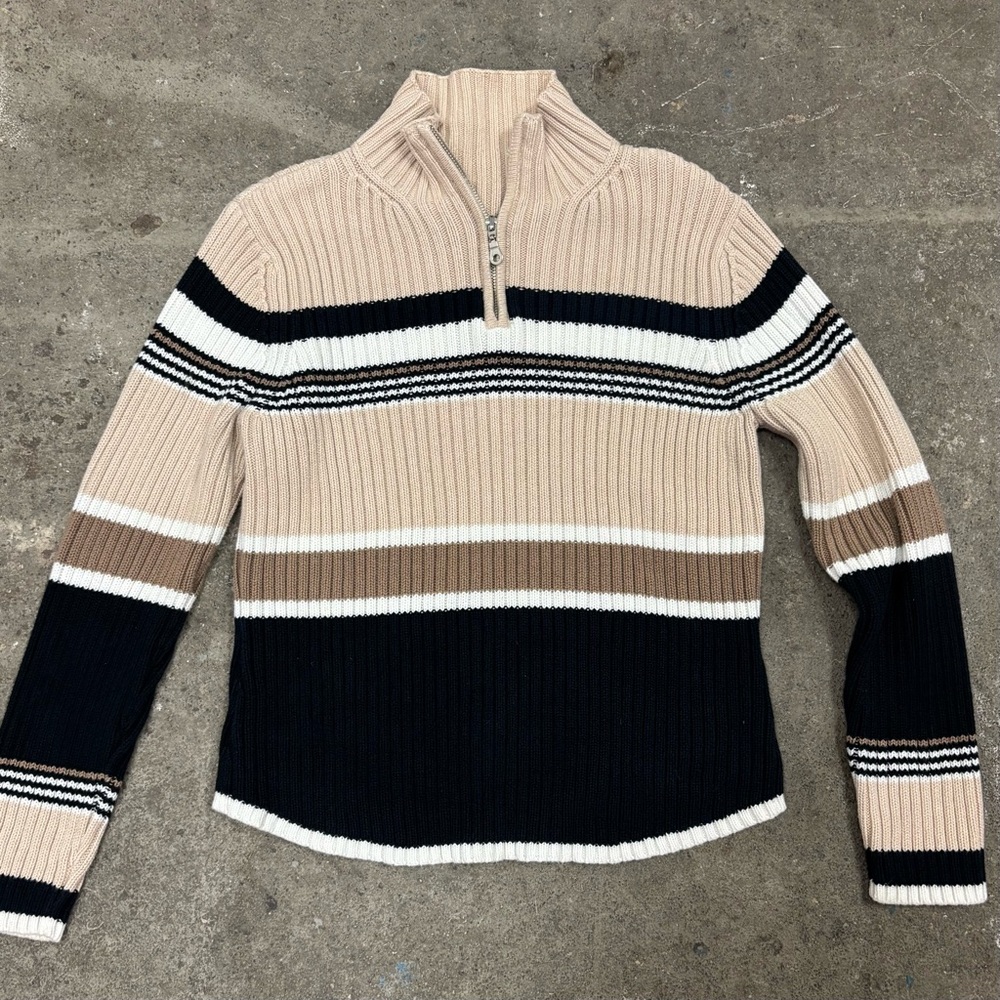 Striped Mock Zip Neck Sweater - Black, Cream, Tan